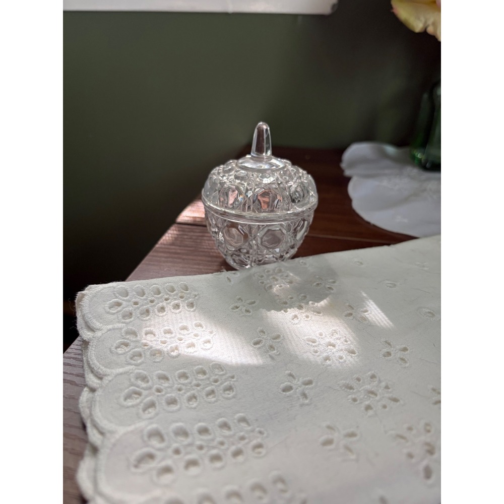Vintage Pressed Glass Lidded Trinket Dish, Diamond Point Pattern